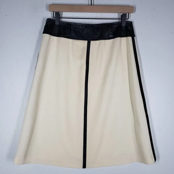 Dolce & Gabbana Wool Skirt Leather Trim A-Line Knee Length Ivory Black S‎